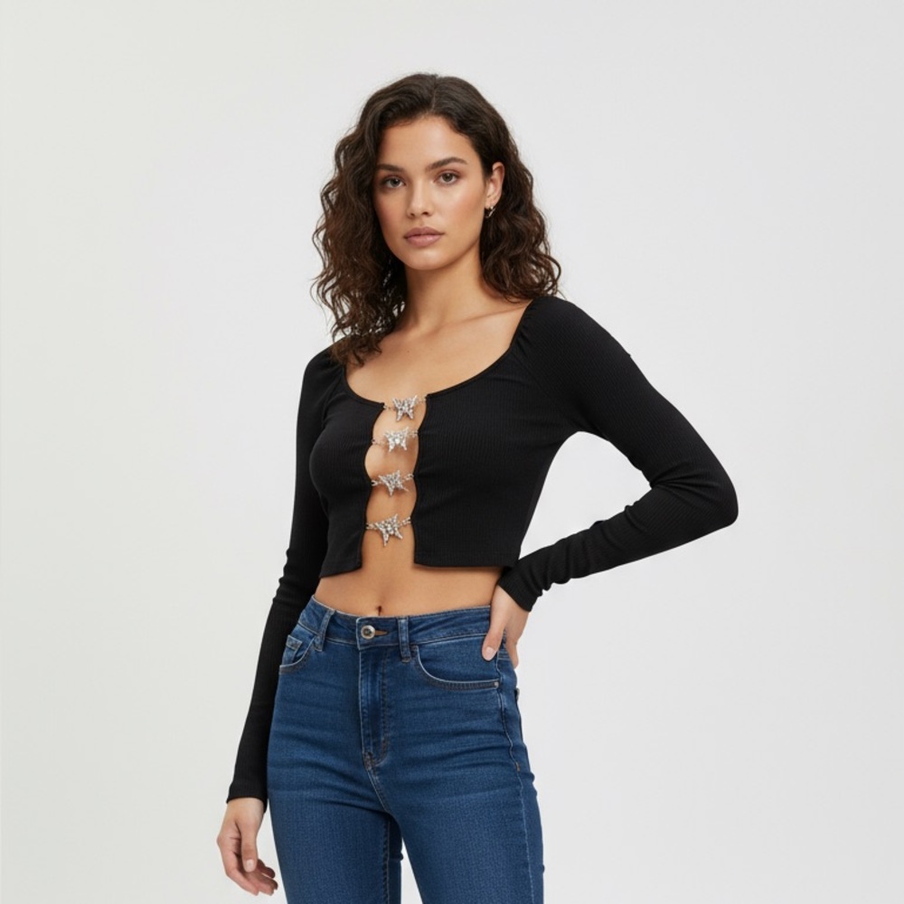 🖤 Black Ribbed Long Sleeve Butterfly Hook Top (SHEIN – Size XS)
